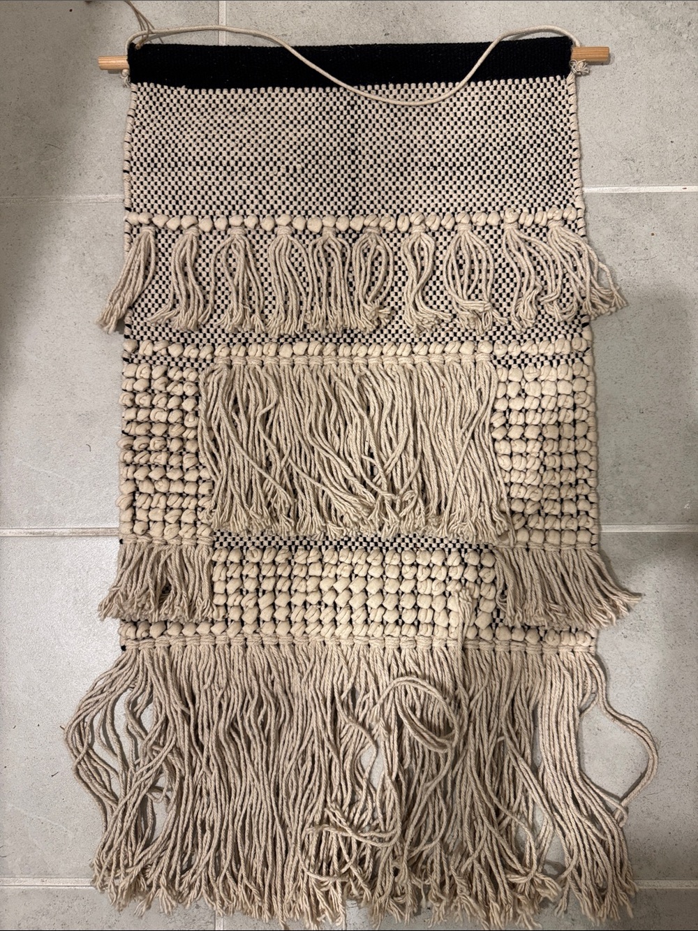 Woven Fiber Art Wall Hanging in Cream & Black 29” x 18”